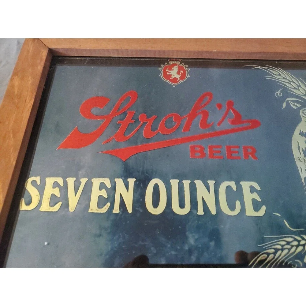 Vtg Antique Stroh's Beer Seven Ounces Mirror Sign Advertisement W/ Wooden Frame